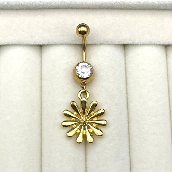 316L Stainless Steel with White Diamond Cubic Zirconia Daisy Flower Belly Ring - Picture 2 of 7